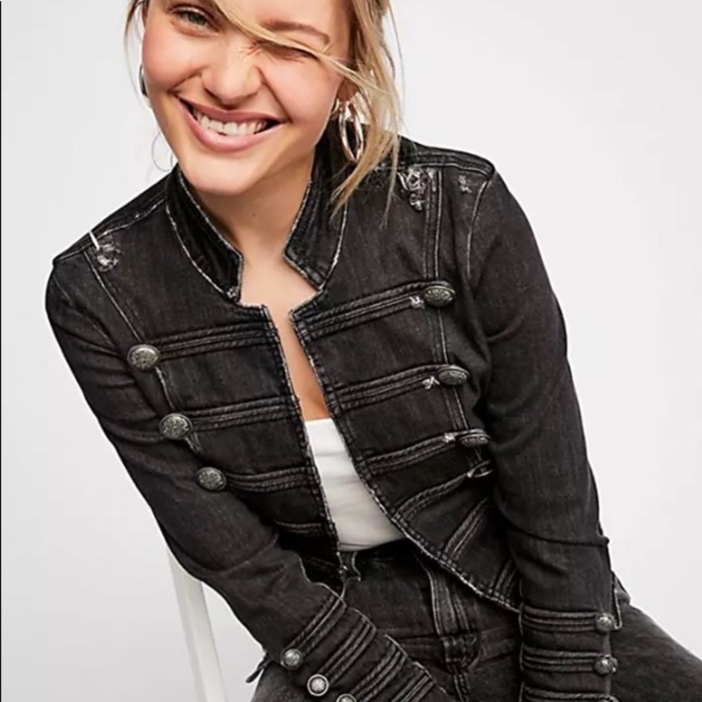 Free People Black Denim Military Jacket NWOT